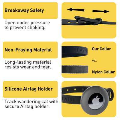 Airtag Breakaway Cat Collar - Soft, Comfortable, and Lightweight Safety Buckle Collar with Air Tag Holder by Nuvuq (6 ⅞" to 10 ¼") Black