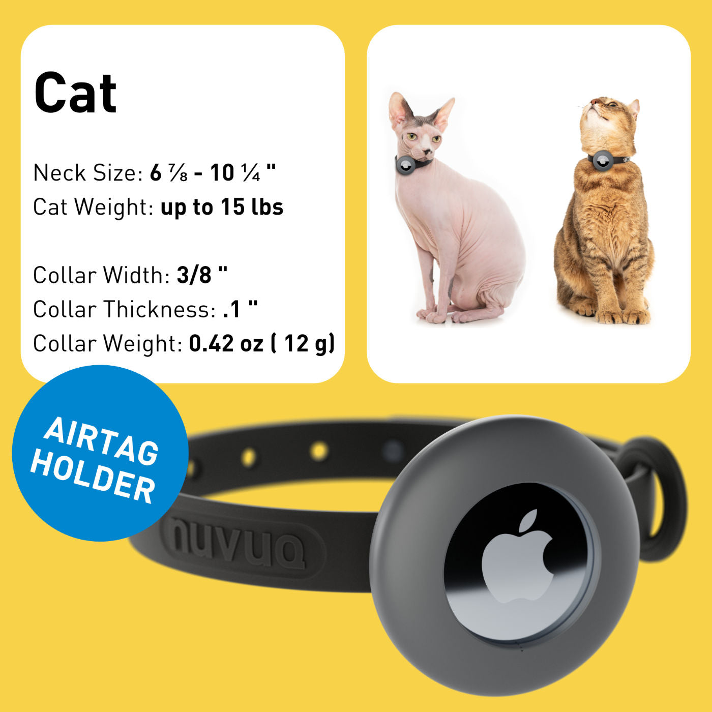 Airtag Breakaway Cat Collar - Soft, Comfortable, and Lightweight Safety Buckle Collar with Air Tag Holder by Nuvuq (6 ⅞" to 10 ¼") Black