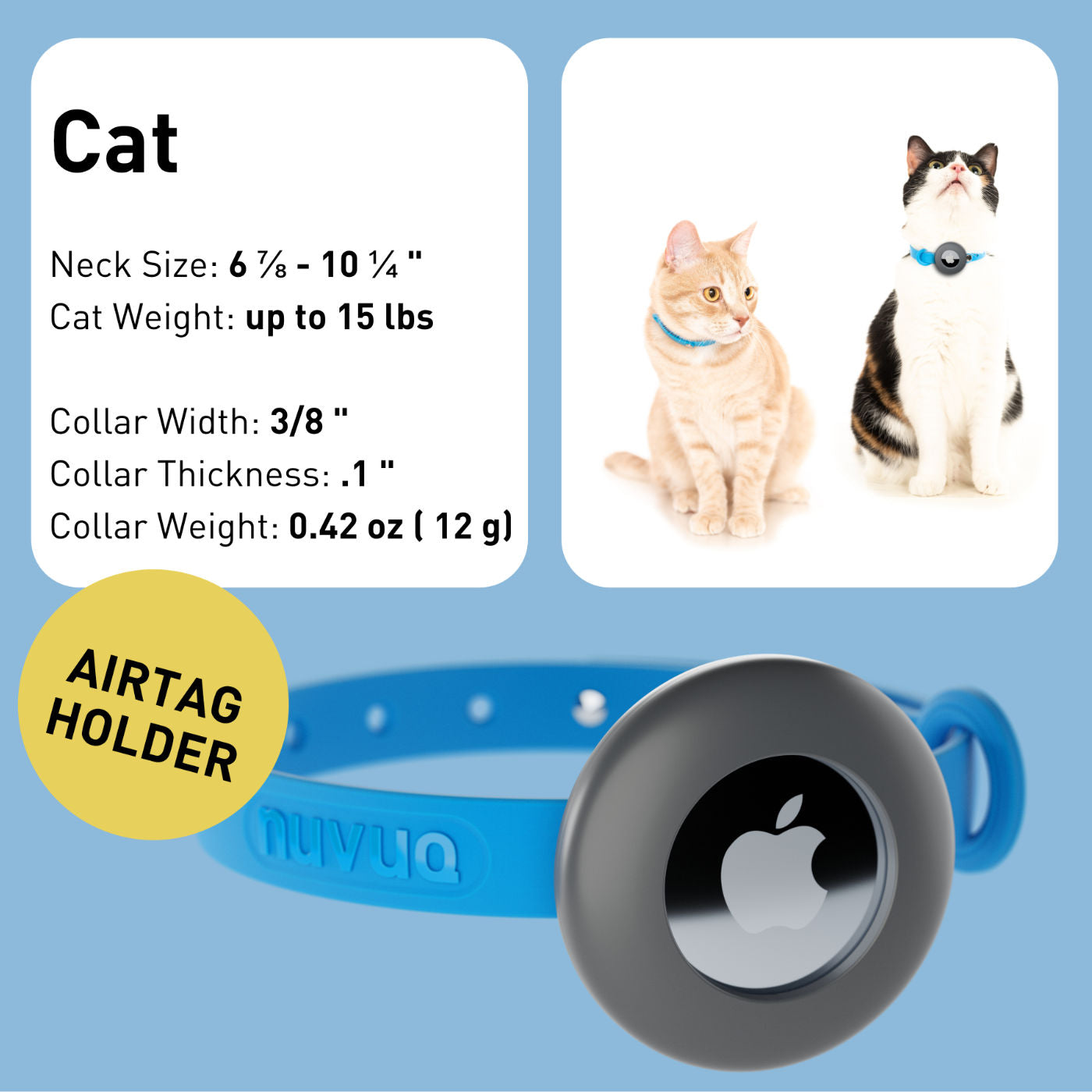 Airtag Breakaway Cat Collar - Soft, Comfortable, and Lightweight Safety Buckle Collar with Air Tag Holder by Nuvuq (6 ⅞" to 10 ¼") Blue