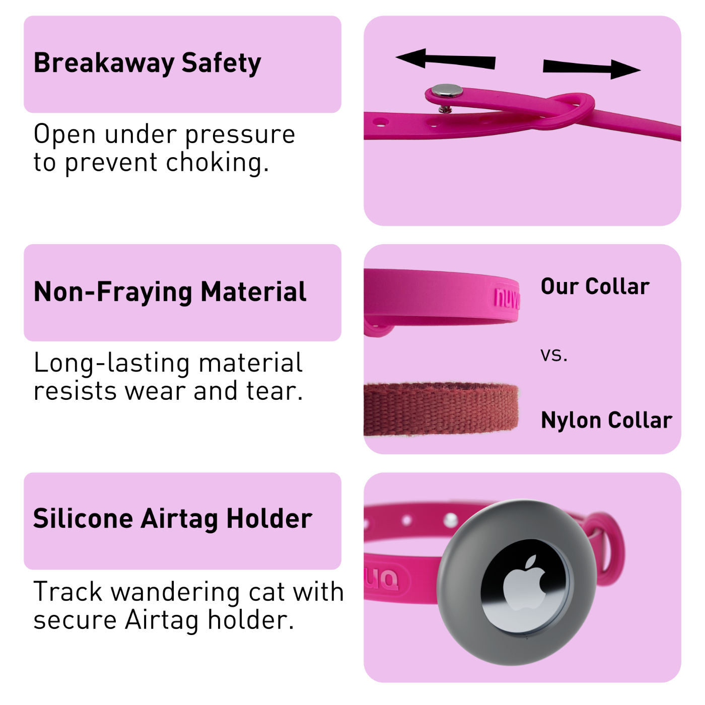 Collier de Sécurité pour Chat avec Boucle détachable et Support AirTag – Doux, Confortable et Léger par Nuvuq (17,5 à 26 cm) Rose
