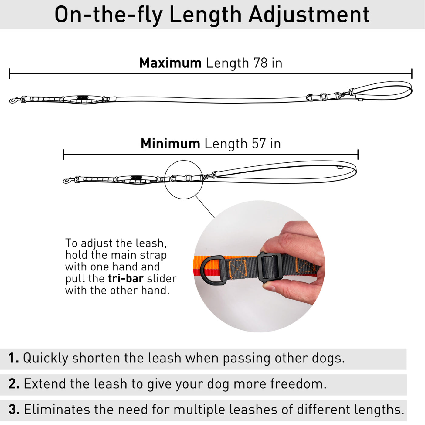 On the fly length adjustment leash for dog in orange