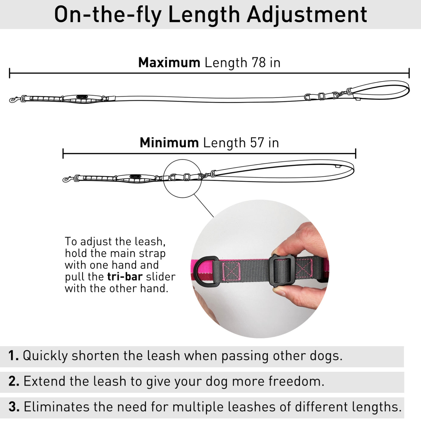 On the fly length adjustment pink leash for medium dog